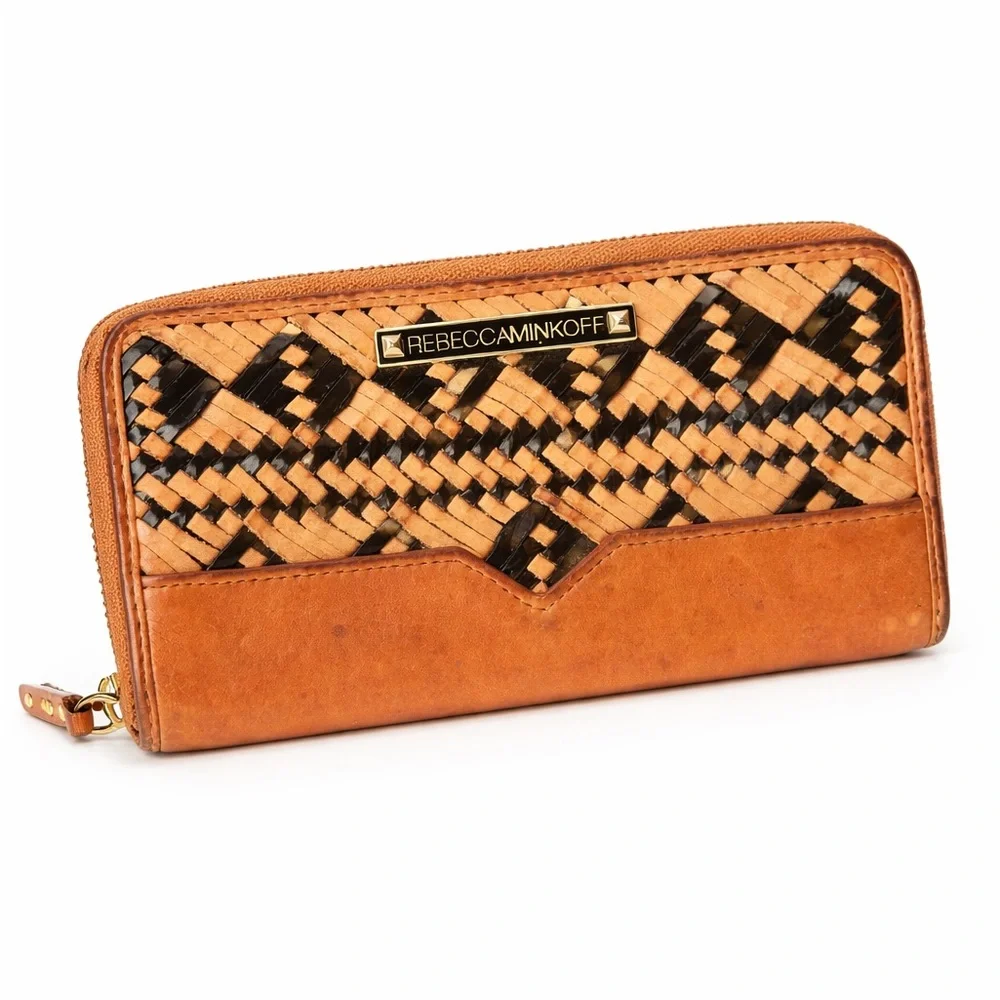 Rebecca Minkoff Tan and Black Leather Geometric Woven Wallet - Picture 1 of 3